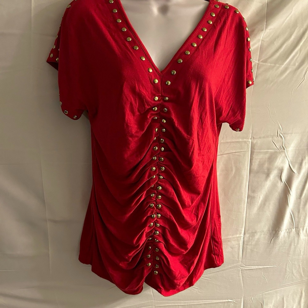 New Large Chelsea & Theodore Red V-Neck Studded Trim Red Knit Top #1862*10